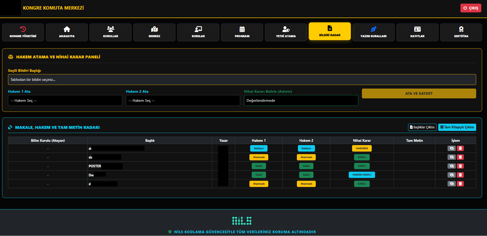 NİLSKON Bildiri Radar Paneli ve Çift Kör Hakem Atama Sistemi Arayüzü